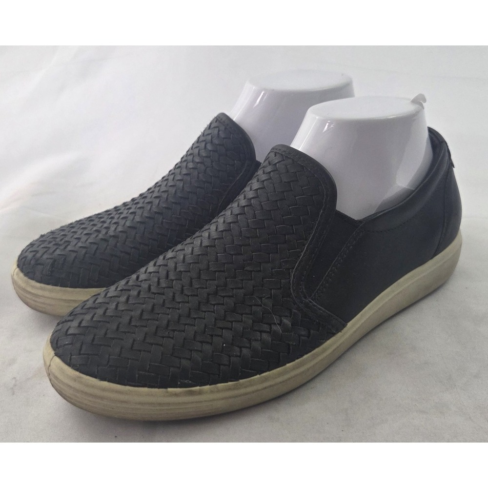 Ecco Slip On Sneakers Womens 38 US 7.5 Black Leather Woven Comfort Quiet Luxury